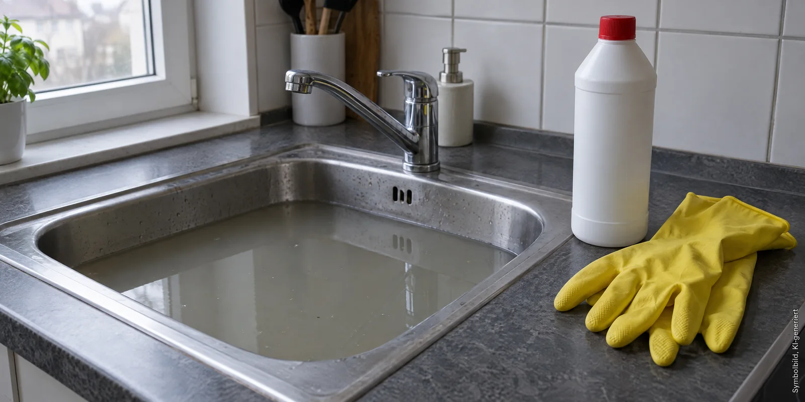 Küchenspüle aus Edelstahl mit stehendem trübem Wasser, daneben eine weiße Flasche ohne Etikett und gelbe Gummihandschuhe, Symbolbild