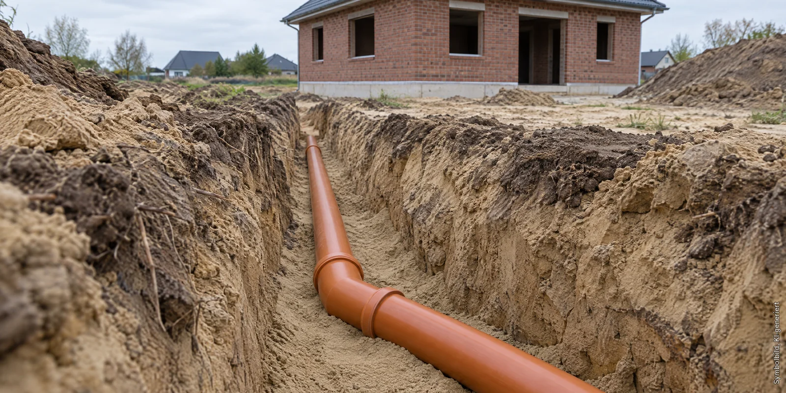Offener Graben auf einem Baugrundstück mit neu verlegtem orangebraunem Abwasserrohr im Sandbett, im Hintergrund ein Rohbau, Symbolbild