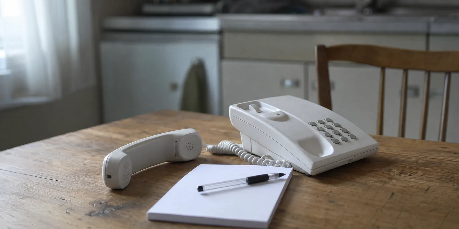 Weißes Tastentelefon mit abgenommenem Hörer auf einem Holztisch, daneben ein leerer Notizblock mit Kugelschreiber