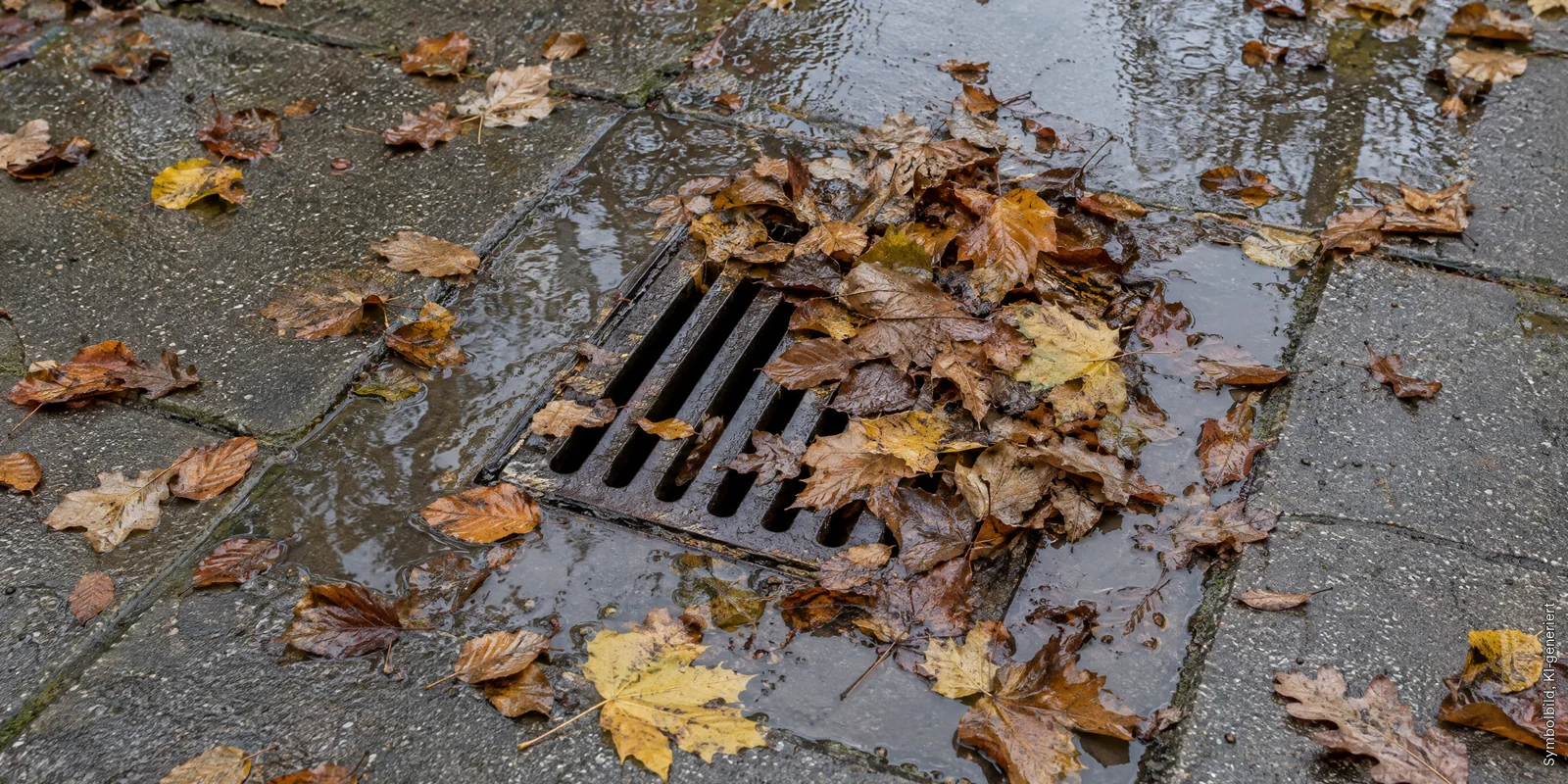 Rost eines Hofablaufs im Betonpflaster, halb von nassem Herbstlaub bedeckt, rundherum steht Regenwasser, Symbolbild
