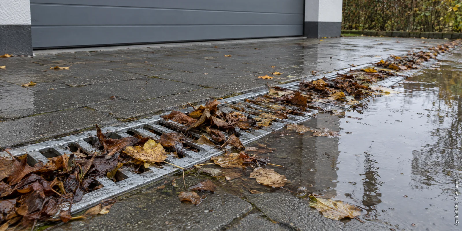 Entw&auml;sserungsrinne vor einem Garagentor, mit nassem Herbstlaub zugesetzt, daneben steht Regenwasser auf dem Pflaster, Symbolbild