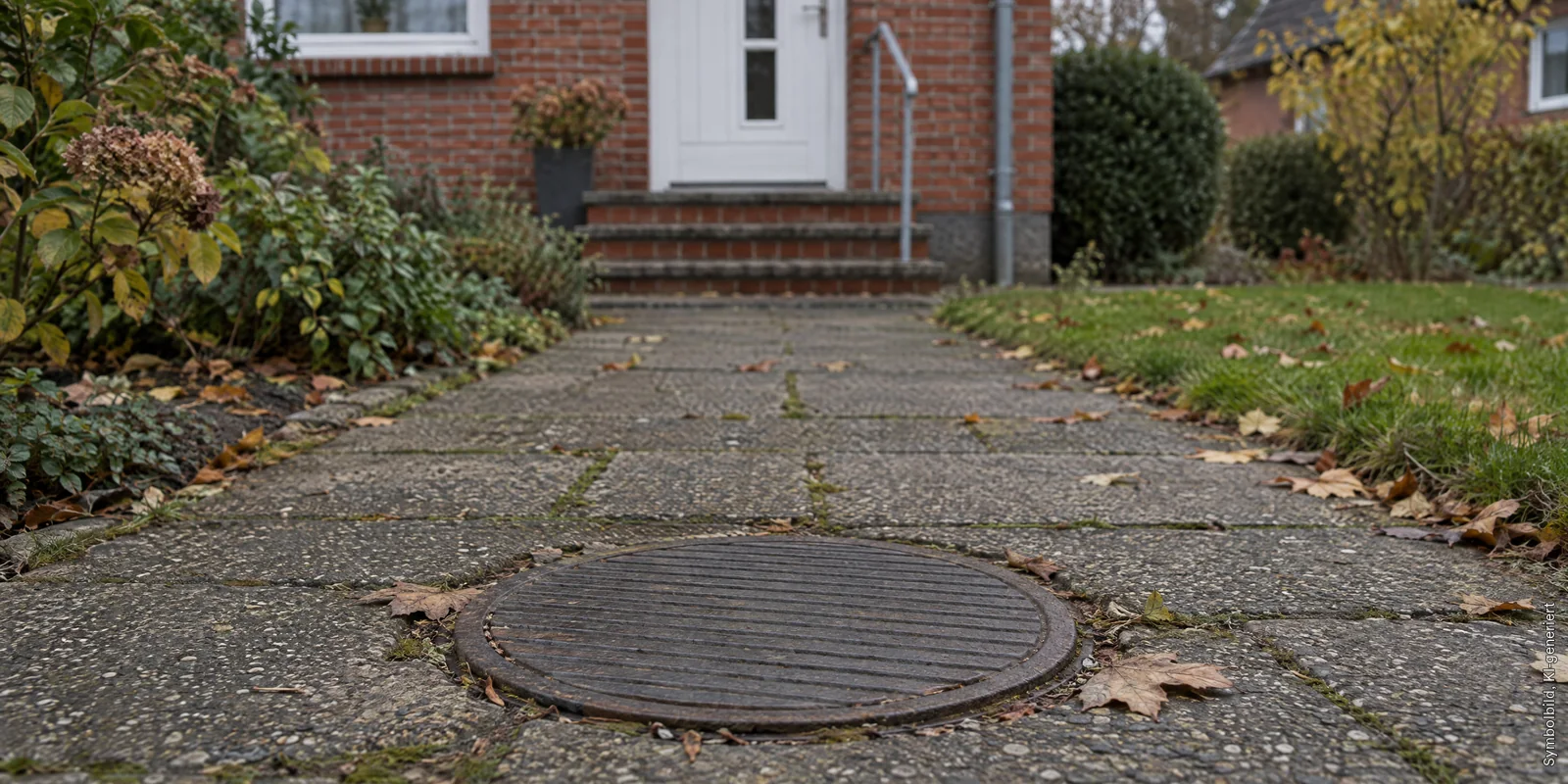 Runder Schachtdeckel aus Gusseisen im gepflasterten Weg eines Vorgartens, dahinter eine Haust&uuml;r mit Klinkerstufen, Symbolbild