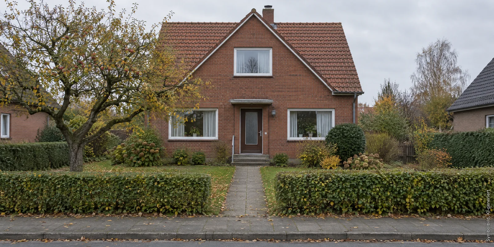 Älteres Einfamilienhaus aus rotem Klinker mit Vorgarten, Hecke und Apfelbaum im Herbst, Symbolbild