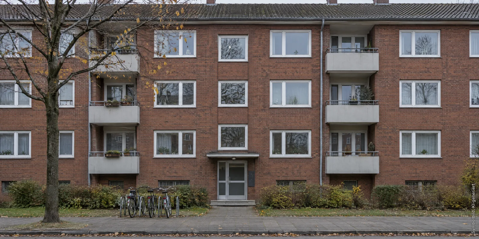 Mehrgeschossiges Mietshaus aus rotbraunem Klinker mit Balkonen und Fahrrädern vor dem Eingang, Symbolbild